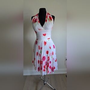 White Red Floral Print Pleated Halter Sundress  Wedding Guest